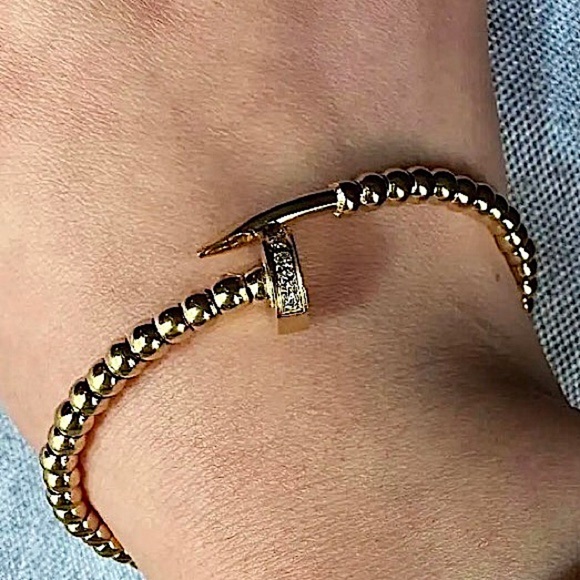 Gold Plated Beaded Nail Screw Tack Bangle Bracelet - Picture 4 of 6